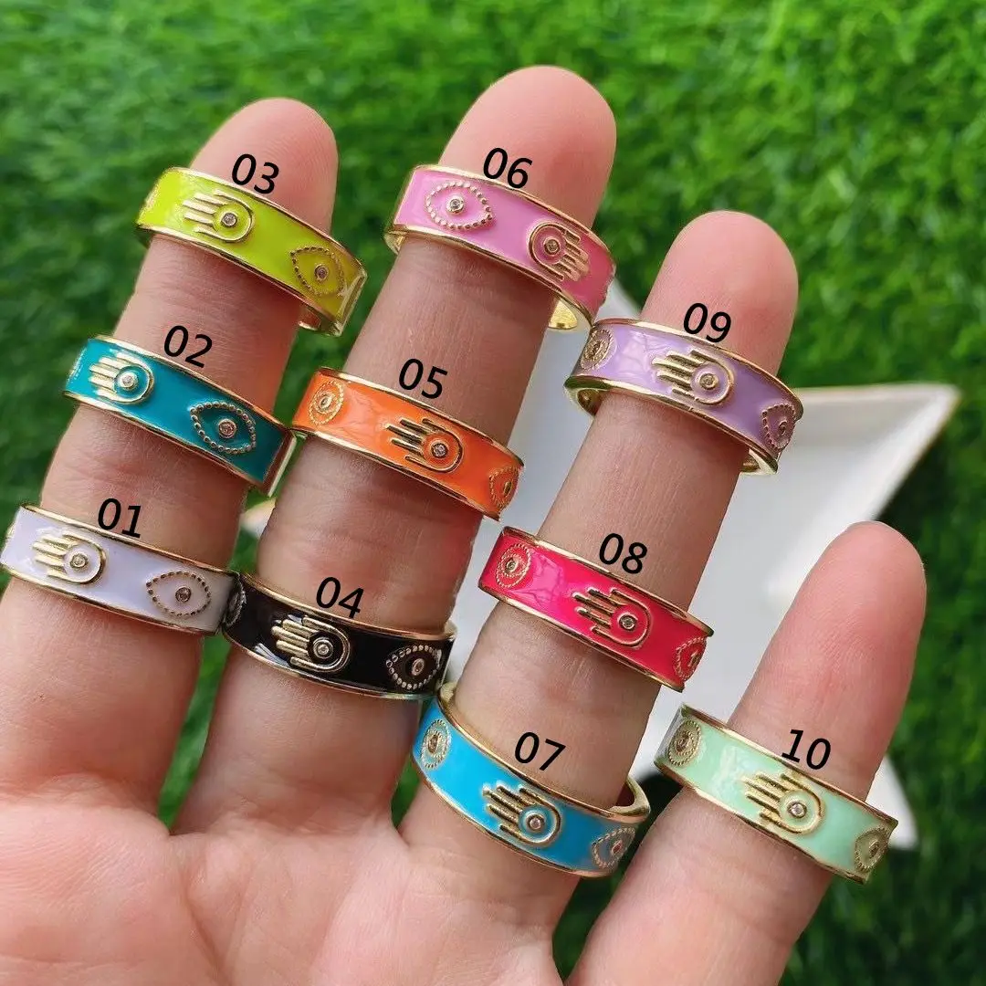 

10PCS, Eye Hamsa Hand Ring Women Fatima Palm Neon Enamel Rings Girl Jewelry Birthday Gift