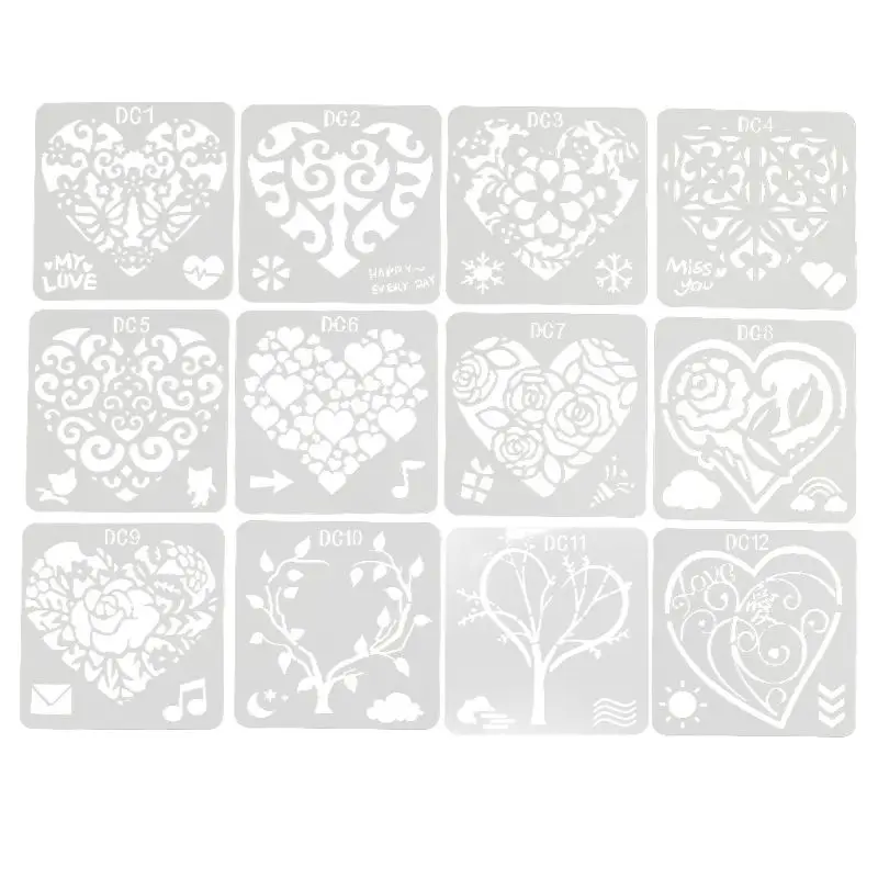 12Pcs Flower Heart Drawing Molds Plastic Children Painting Stencils DIY Paper Art Craft Card Label Scrapbook Toy