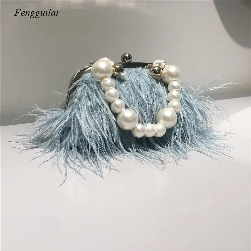 Luxury Ostrich Feather Party Evening Clutch Bag Women Wedding Purses and Handbags Small Shoulder Chain Bag Designer Bag 2021