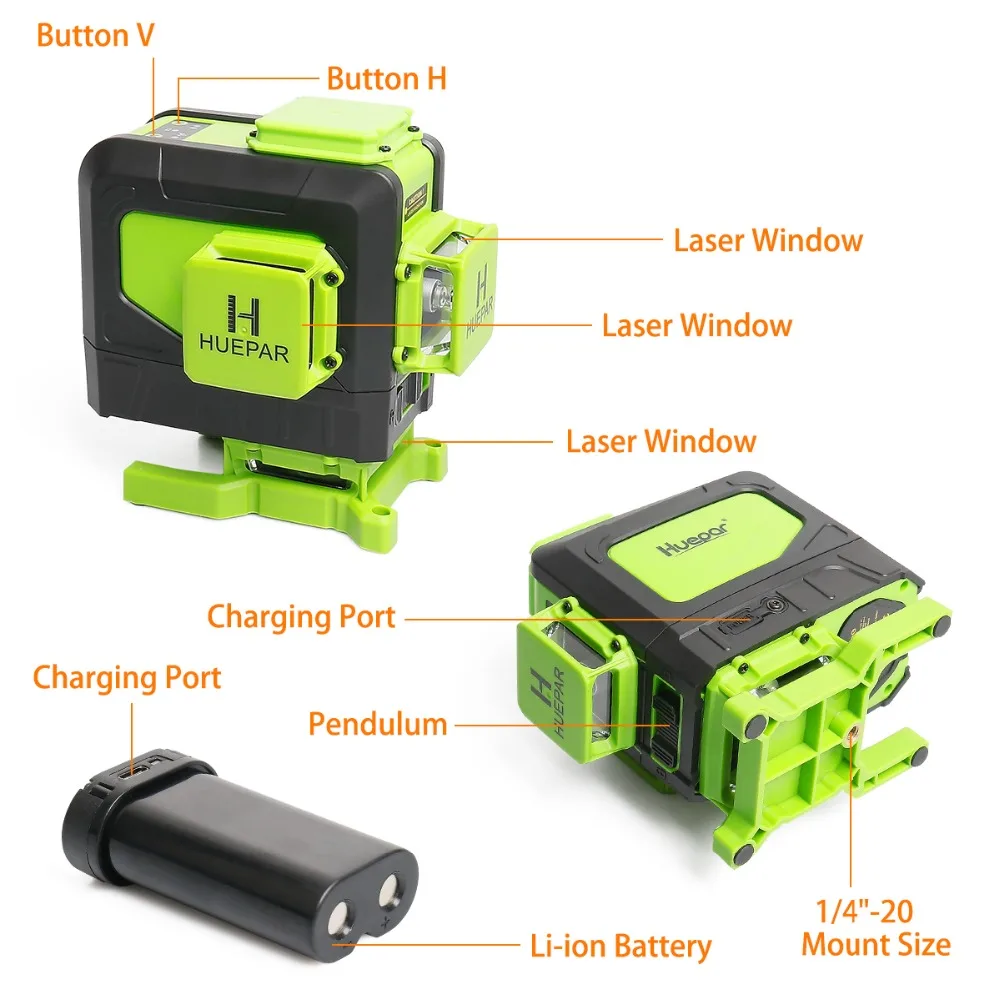 Imagem -04 - Huepar-nível Laser com Controle Remoto 12 Linhas 3d Cross Line Osram Feixe Verde Li-ion Battery Tile Floor Laser Tools Set