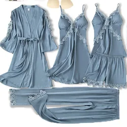 Ensemble de vêtements de nuit en satin imbibé pour femmes, robe kimono en dentelle, peignoir de mariage pour patients, pyjamas sexy, vêtements de nuit à col en V, lingerie de salon, 5 pièces