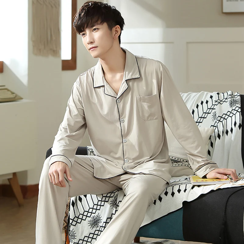 Autumn Modal Pajama Set For Men Long Sleeve Sleepwear Male Nightwear Home Clothes Solid Blue Pj Set Soft Winter Pijamas Homme