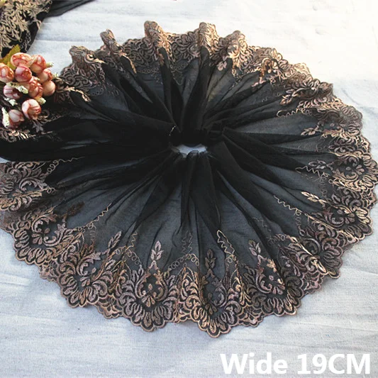 19CM Wide Luxury Black Mesh Fabric Brown Cotton Embroidery Lace Dress Guipure Collar Trim DIY Head Scarf Garment Sewing Decor