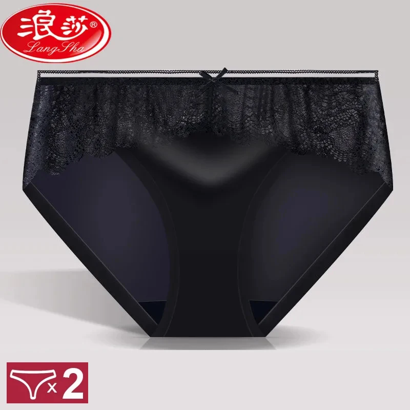 

2Pcs Seamless Ice Slik Underwear Sexy Lace Women Panties Nylon Cute Bow Girls Briefs Low Waist Panty Breathable Ladies Lingerie