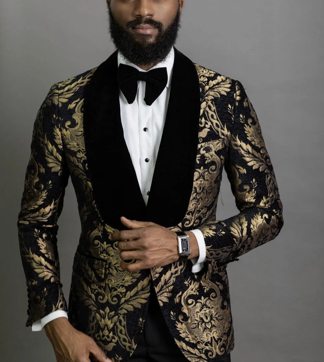 Traje informal para hombre, Blazer negro dorado con estampado Floral, esmoquin de Tweed para baile de graduación, chaqueta de fiesta, pantalones, pajarita, boda