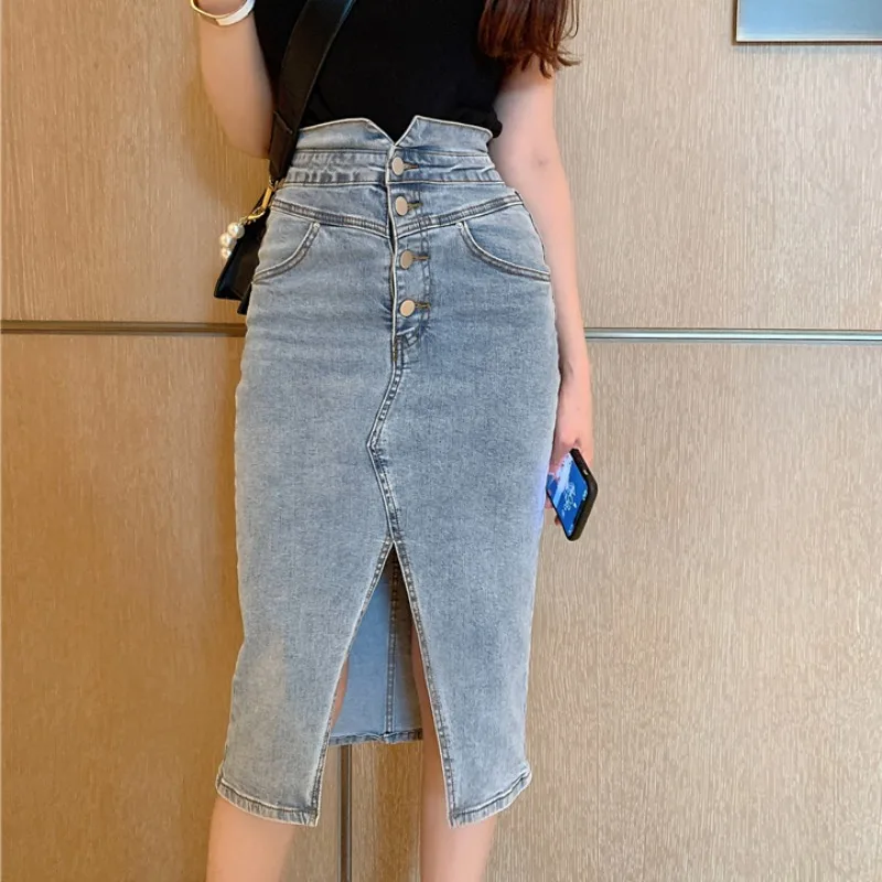 

ZHISILAO High Waist Pencil Skirt Jeans Women Stretch Bodycon Pencil Denim Skirt Vintage Blue Split Skirt Slim