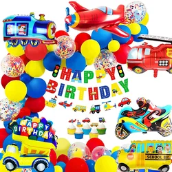 Birthday Decoration for boys Happy Birthday Banner Cars School Bus Train Fire Truck Motorcycle Plane Balloons Transport Vehicles