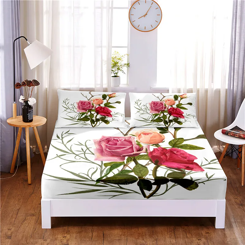 Beautiful Flower Digital Printed 3pc Polyester  Fitted Sheet Mattress Cover Four Corners with Elastic Band Bed Sheet Pillowcases