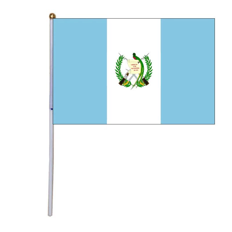 

free shipping xvggdg 100pcs 14 * 21cm National Flag Guatemala hand flags with plastic flagpole Polyester Printing flag