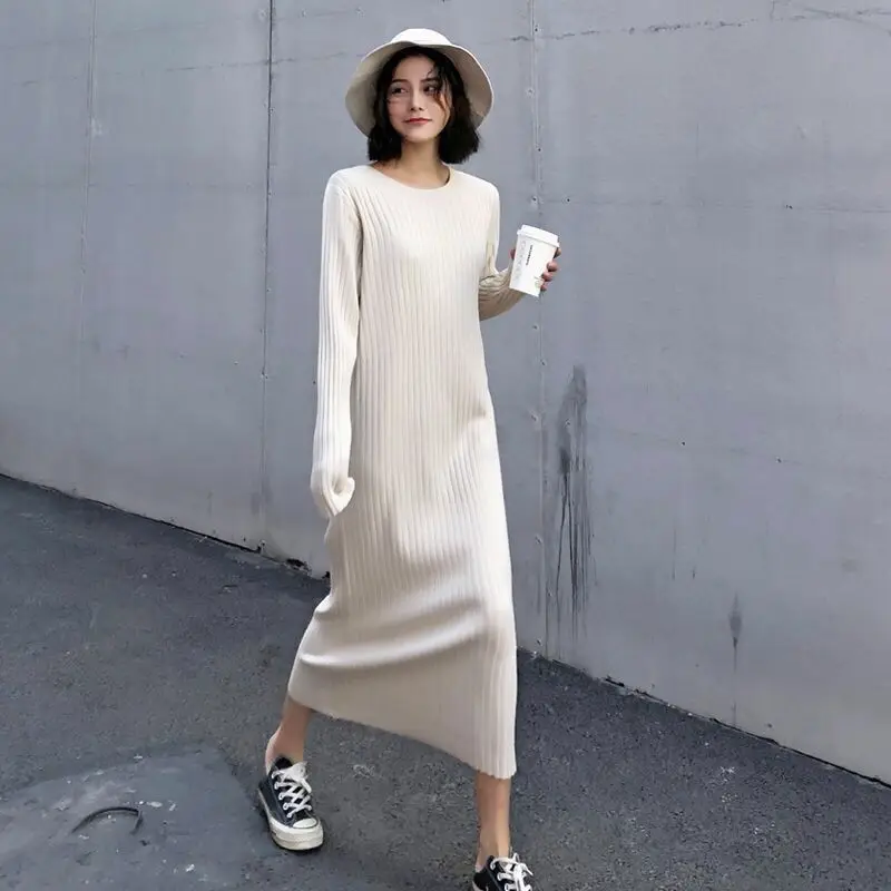 Abito a maniche lunghe donna nuovi amici stile coreano magro Maxi lavorato a maglia solido semplice Casual caldo elasticità o-collo Harajuku Vestido