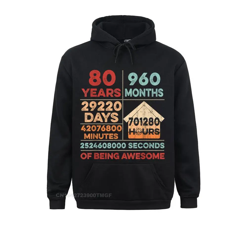 Vintage 80th Birthday Gifts 80 Years Old 960 Months T Shirt Long Sleeve Fall Hoodies Popular Hoods Male Sweatshirts