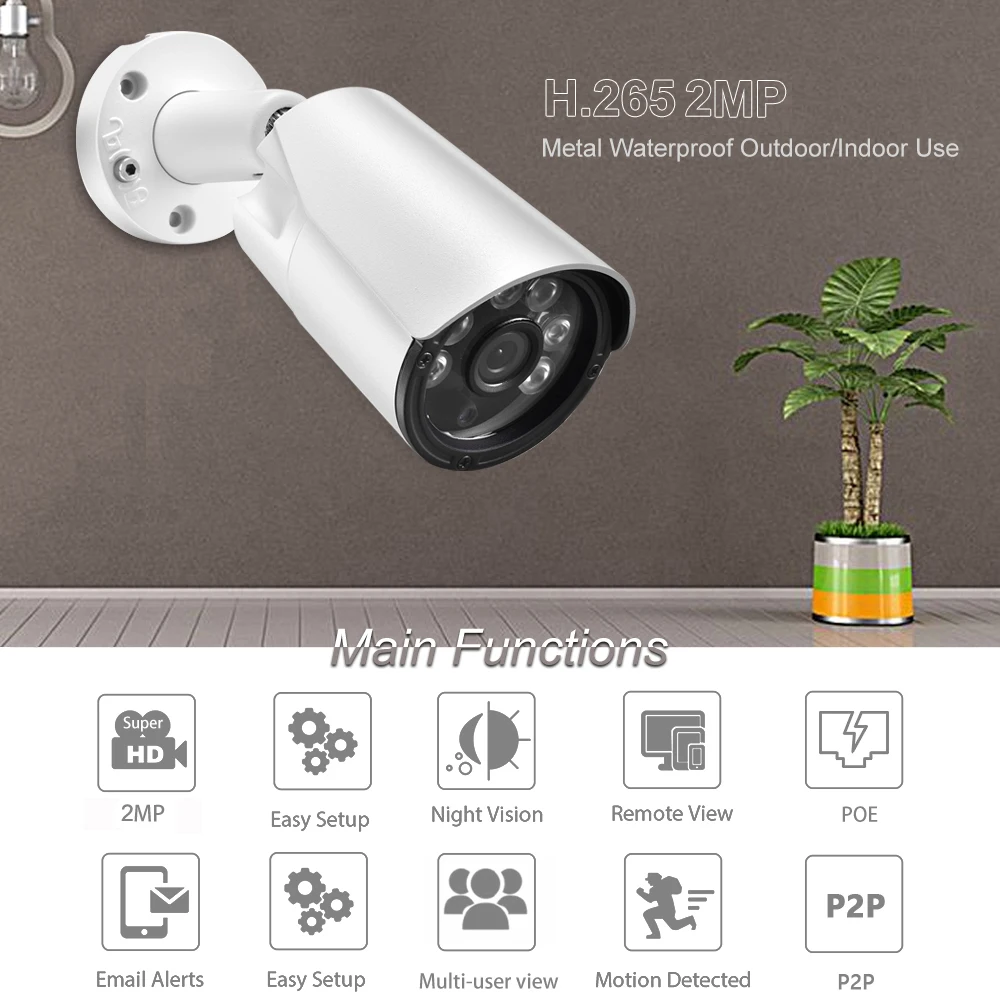 AZISHN-cámara IP de seguridad para el hogar, videocámara de 2,8mm de ancho, H.265, 2MP, 1080P, 25fps, impermeable, de Metal, red infrarroja, DC12V/POE