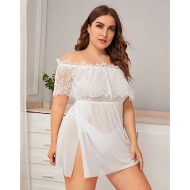 Fashion Plus Size Lace Night Dress Lingerie Womens Clothing Sexy See Though Sleepwear Spaghetti Strap hollow nighties for lady