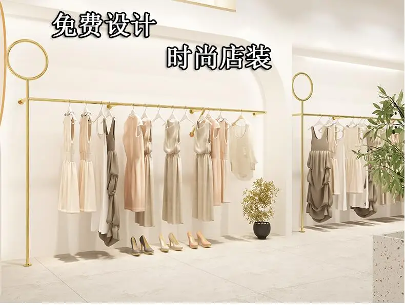 On the display rack of clothing store, the display rack is hung on the wall, and the shelves of women's clothing store are decor