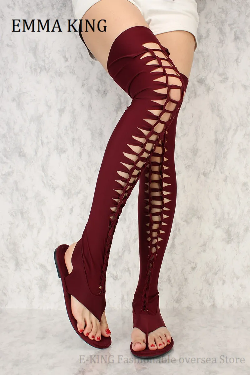 Black Lycra Thigh High Gladiator Sandals Women Long Strap Thigh High Flat Sandals Stretch Open Toe Over The Knee Boot For Women