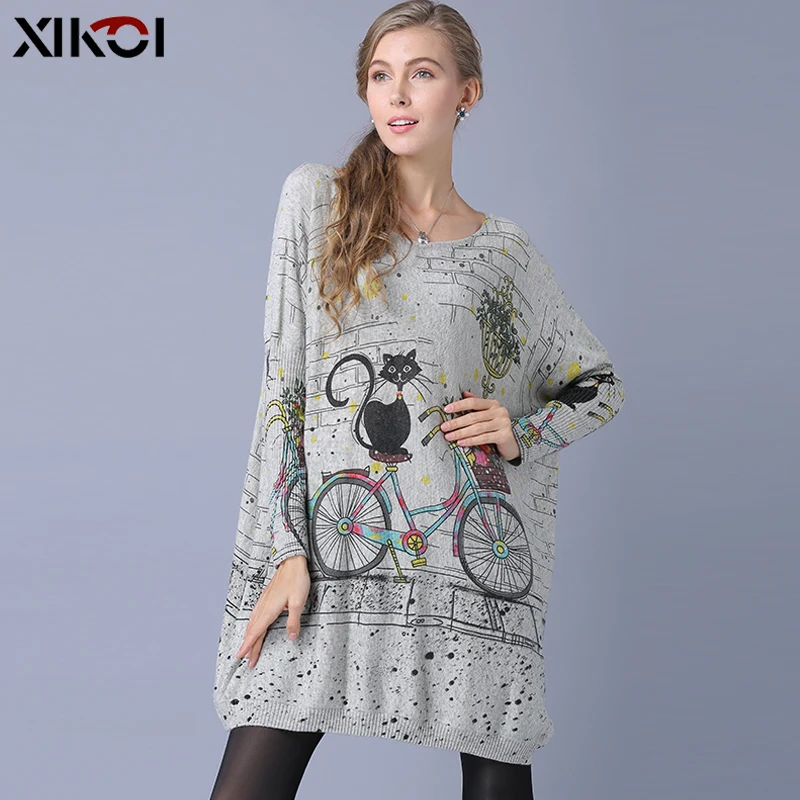 XIKOI Woman Oversize Sweater Winter Long  Cat Bicycle Print Casual Coat Batwing Sleeve Bicycle Cat Print Pullovers Clothing