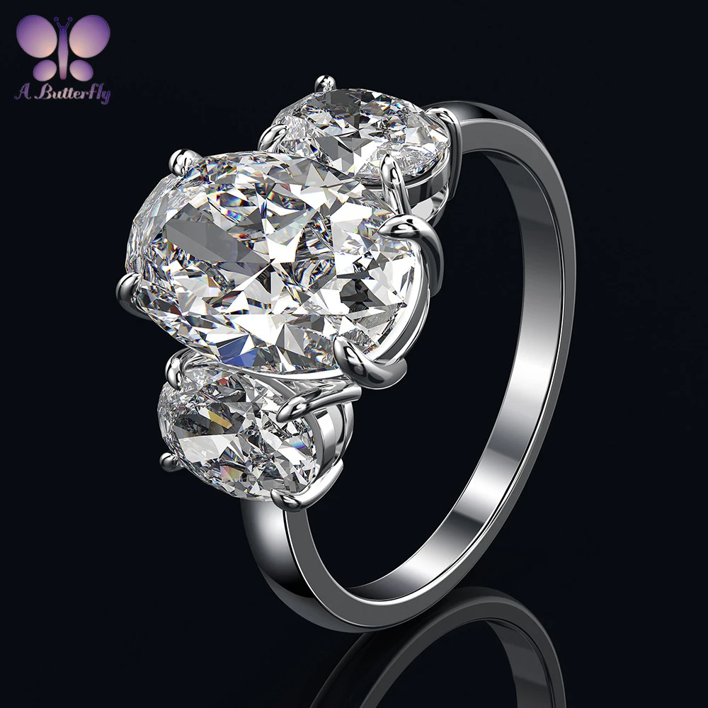 AButterfly 925 Sterling Silver 8 * 11mm Oval Cut 5A Simulation Diamond Ladies 3 Stone Ring Very Shiny Fine Jewelry