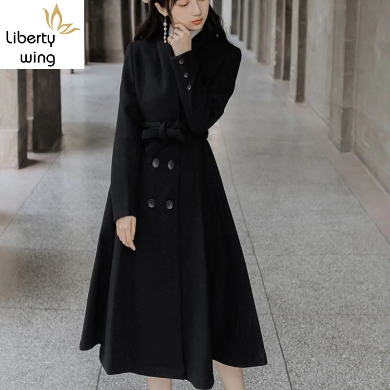 

Women Skirt Style Wool Blends Long Coat Double Breasted Sashes Trench Vintage Ladies Classic Autumn Winter Belt Woolen Overcoat