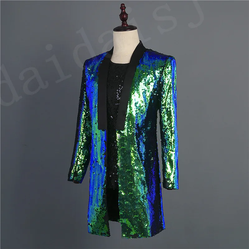 100%real mens mermaid sequined long jacket magician/studio jacket/party/stage performance/dance/sing/stuido long tuxedo jacket