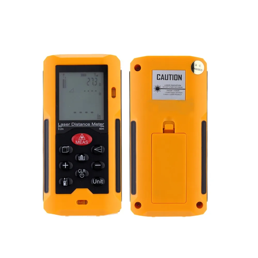 Handheld 60m/196ft Digital Laser Distance Meter Range Finder Measure Distance Area Volume Self-calibration Level Bubble