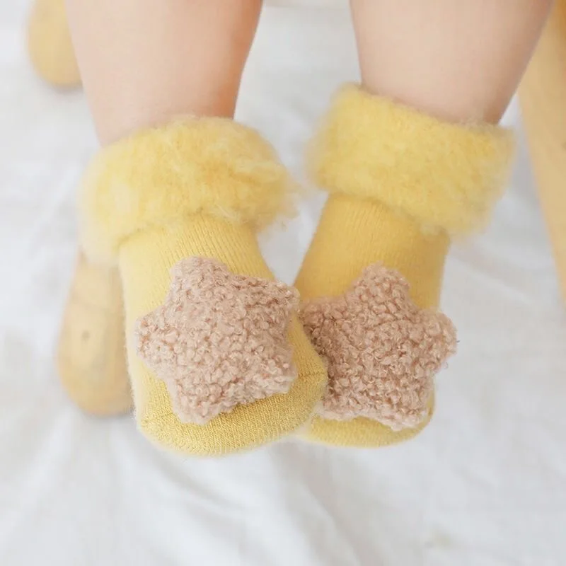 0-12months Infant Cute Baby Autumn And Winter Cotton Star Socks With Plush Thickened Thermal Floor Non-Slip Anti Slip Socks