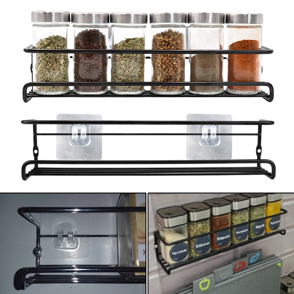 Seasoning Shelf Single Layer 2 Pcs For Home Restaurant Spice Jar Storage Rack Kitchen Organizer Wall-Mounted Metal Hanging Racks