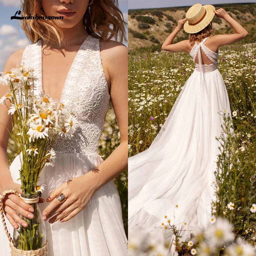 

Customize Bohemian Wedding Dress Newest Deep V Neck Beach A Line Bridal Gowns Backless Summer Boho Wedding Gown vestido de novia