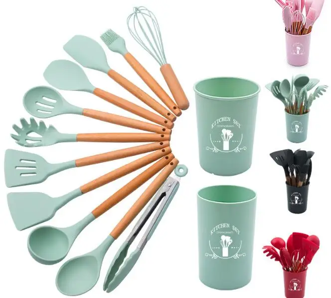 

12pcs Silicone Cooking Utensils Set Non-stick Spatula Shovel Wooden Handle Cooking Tools With Storage Box Kitchen Tools OK 1187