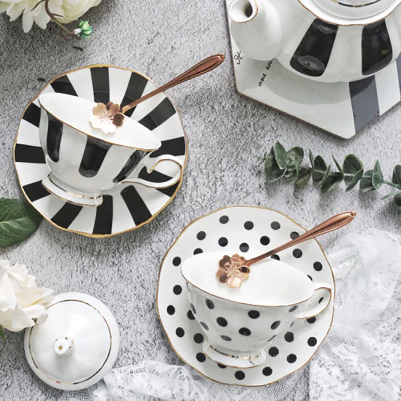 Ceramic Coffee Cup Afternoon Tea Drink Ware Set, Golden Rim Milk Mug, Milk Kettle, Black Polka-Dot Striped Teapot, Dessert Dish