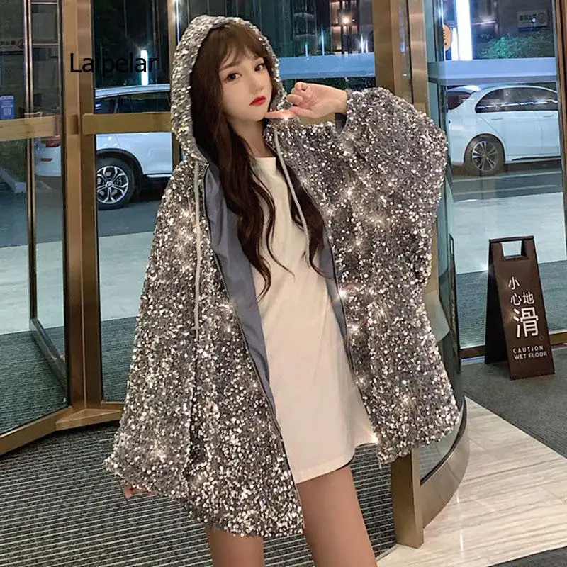 Outerwear Sequins Fashion Hooded Women Cotton Jacket Winter New Large Size Thick Loose Korean Women's Cotton Jacket