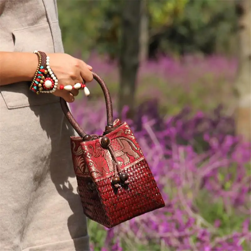 12x15CM Original Chinese Style Features Handmade Old Straw Bag Rattan Woven Retro Woven Mini Handbag Bucket Bag a6106