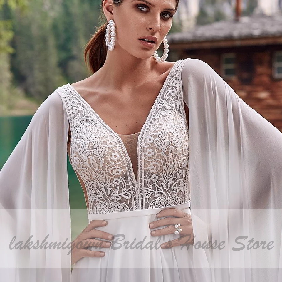 Lakshmigown 숙녀 Boho 웨딩 드레스 2020 V 목 쉬폰 롱 비치 웨딩 드레스 오픈 뒤로 신부 가운 Vestido Noiva