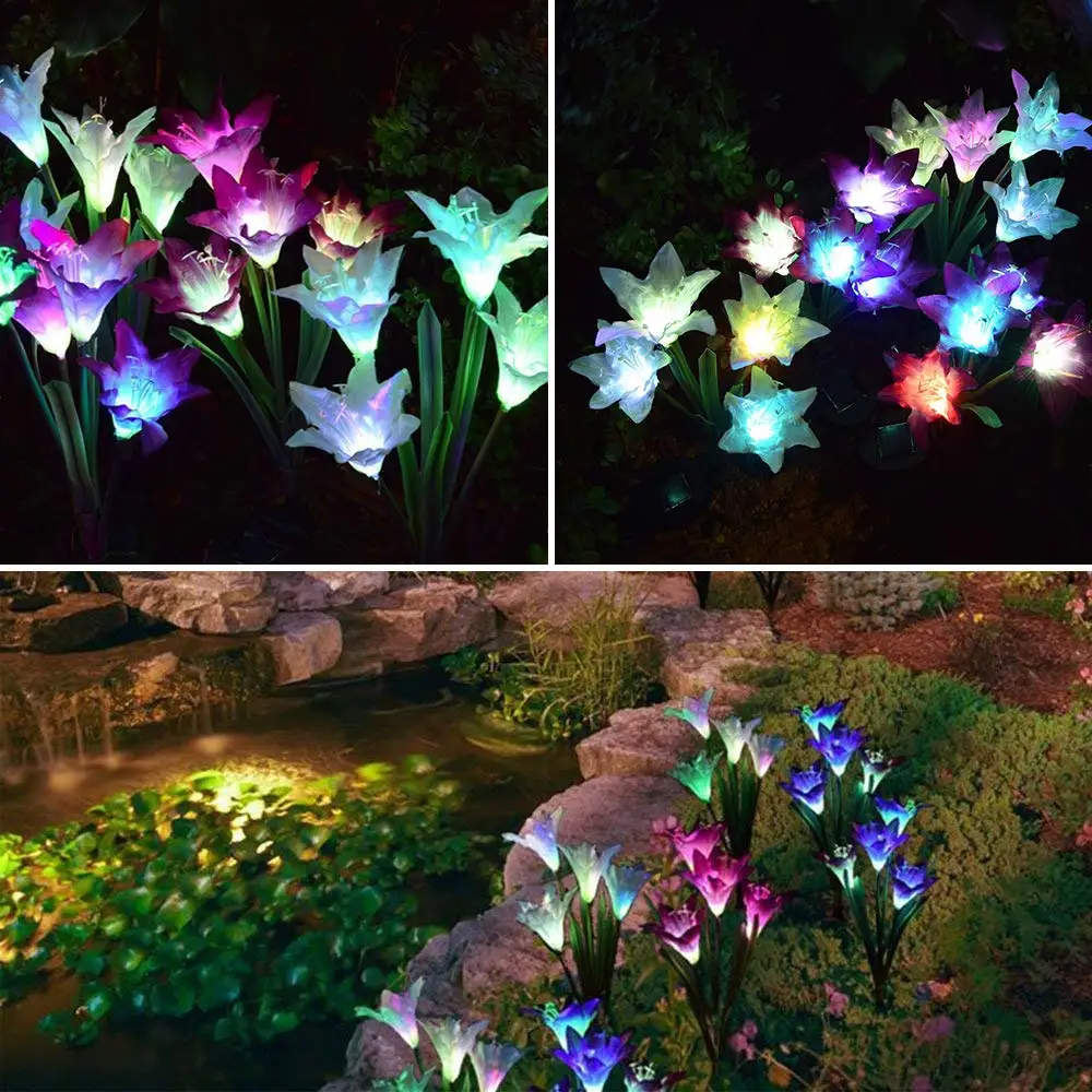 Outdoor Solar Powered 3 Pcs Stake Lights Lily Flower Shaped Multi-Color LED Landscape Lighting for Garden Patio Lawn Yard