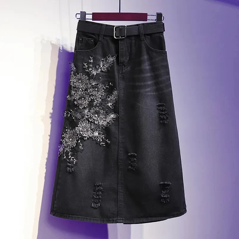 Denim Skirts Womens Heavy Industry Beaded Flowers Jean Skirt Female Korean Fashion High Waist  Mi-Long Denim Skirts Elegant Lady