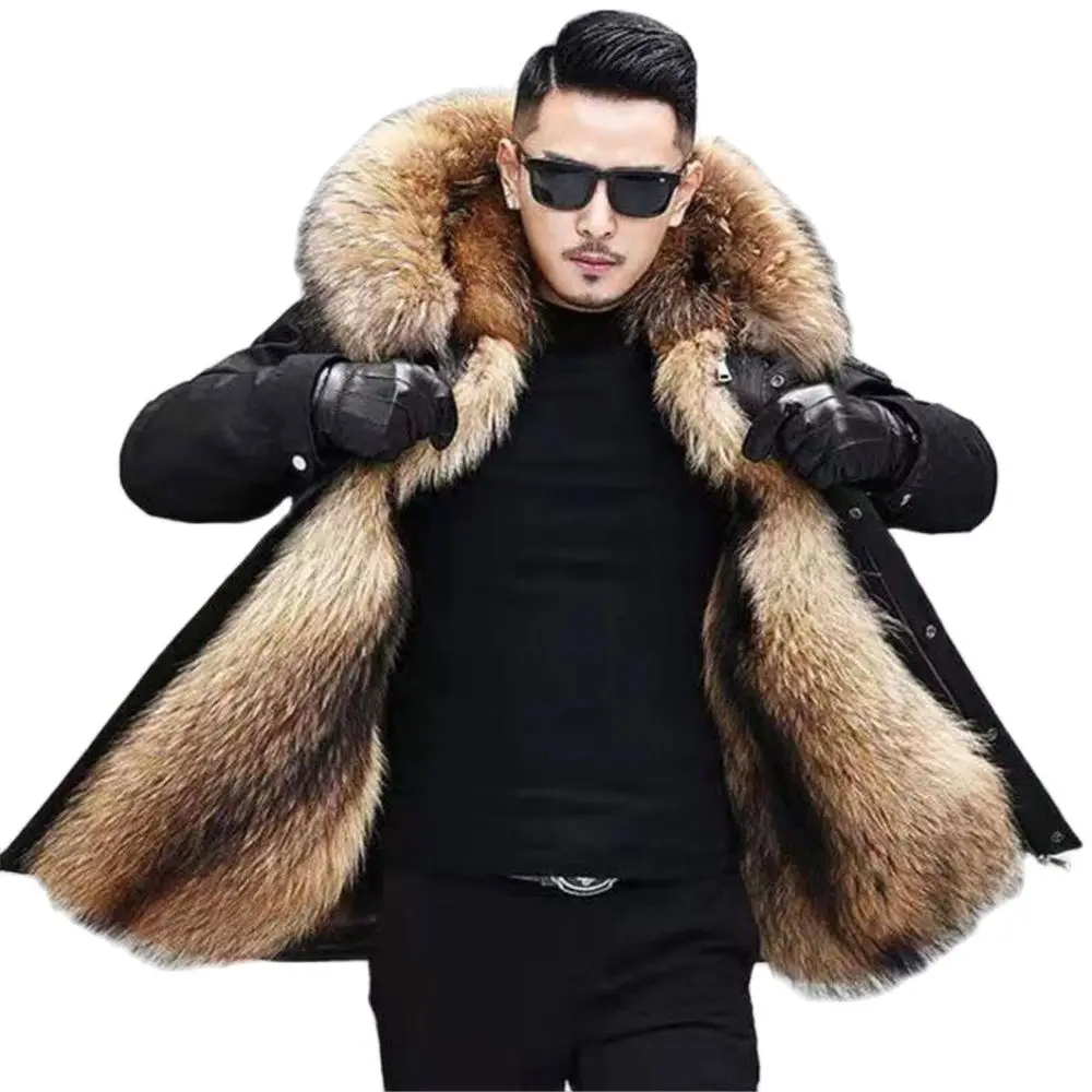 Parka à capuche en fausse fourrure de raton laveur pour hommes, manteau en coton optique, veste russe, vêtements pour garder au chaud, haut d\'hiver,