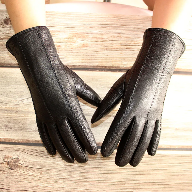 Winter Cold-Proof Warm Deerskin Gloves Women\'s Thickened Sheepskin Fur Sheep Sheared Lining Windproof Leather Finger Gloves