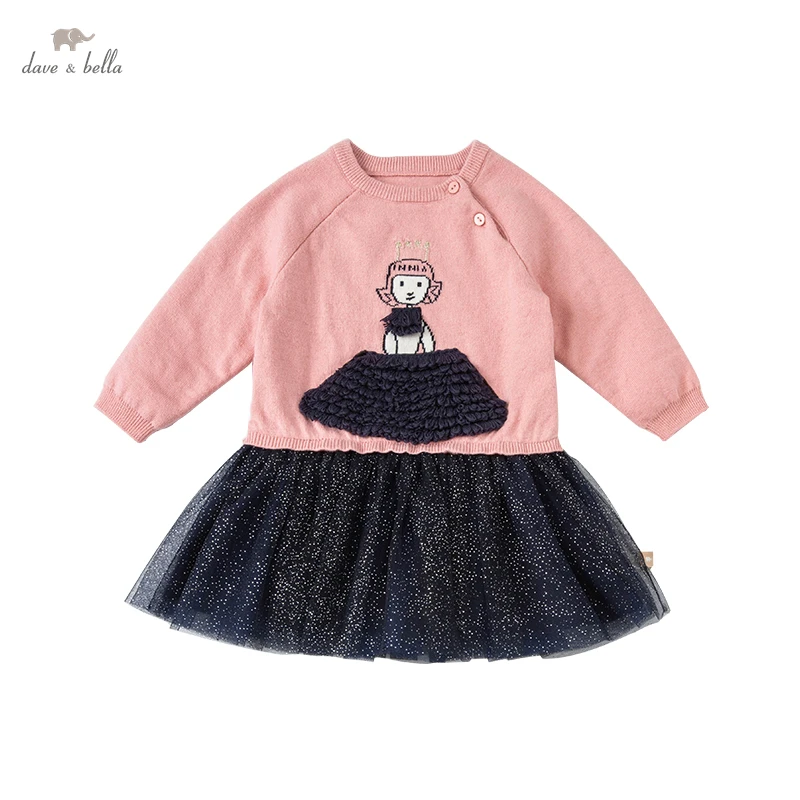 

DB18886 dave bella winter baby girl's cute cartoon mesh sweater dress children fashion party dress kids infant lolita clothes