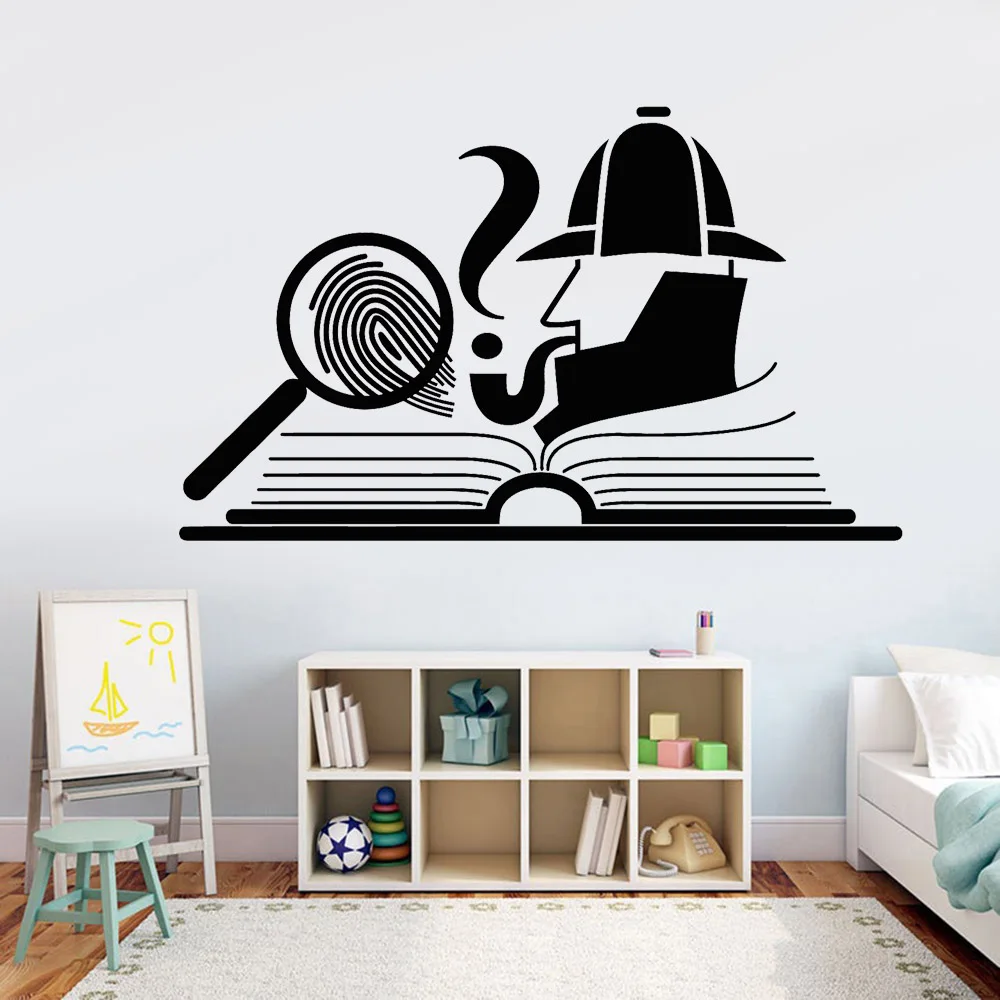 Sleuth Wall Decal Detective Loupe Fingerprint Open Book Cartoon Pattern Vinyl Wall Stickers Home Decoration Kids Room Z552