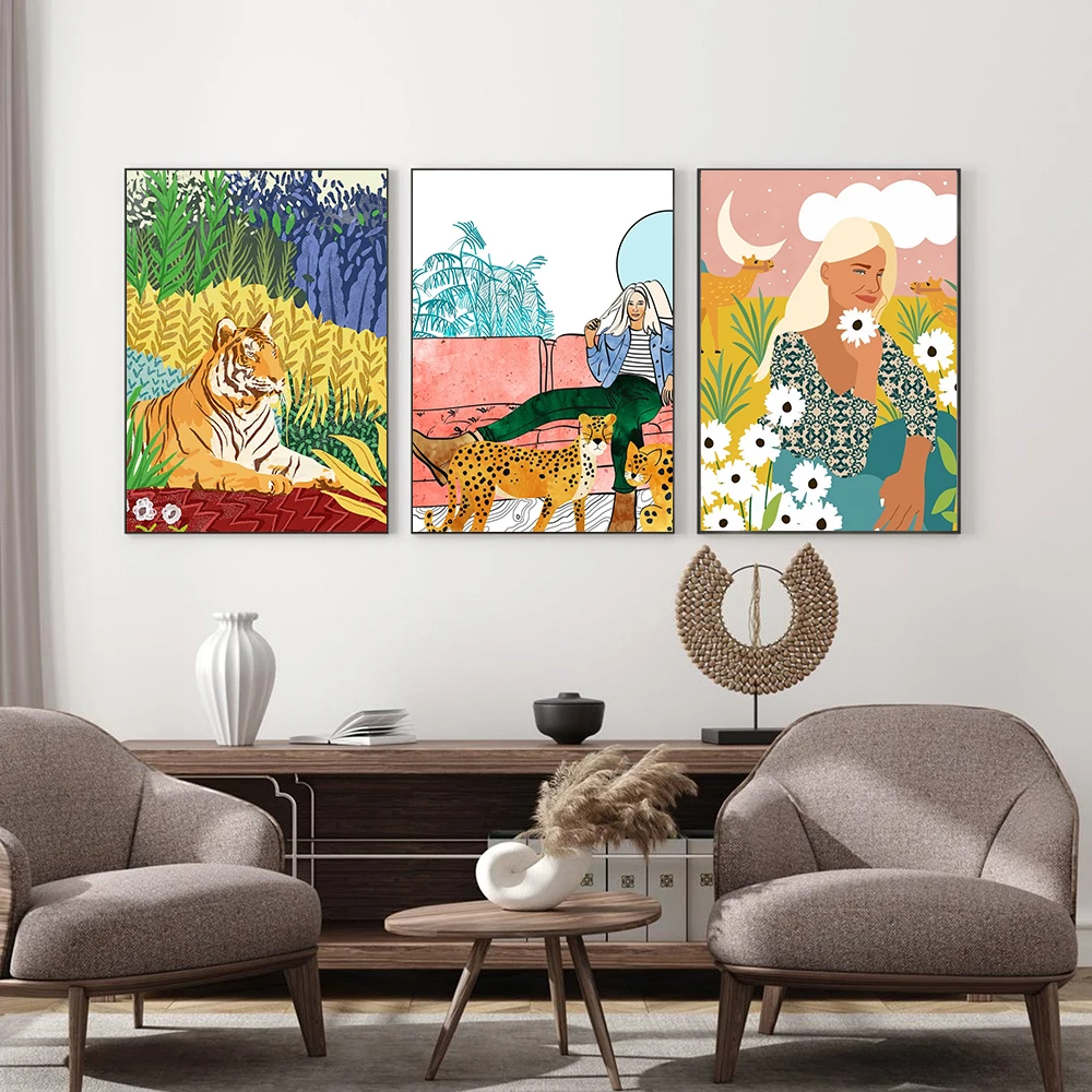 Nordic Abstract Girl Animal Tiger Picture Camels Desert Plants Flowers Canvas Painting Wall Art Posters Print Living Room Decor