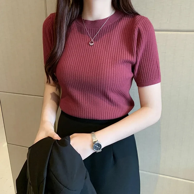 Fashion Knitt Short-sleeved T-shirt Women 2022 New Half Turtleneck Stretch Knitted Tshirt Solid Casual Spring Summer Female Tops