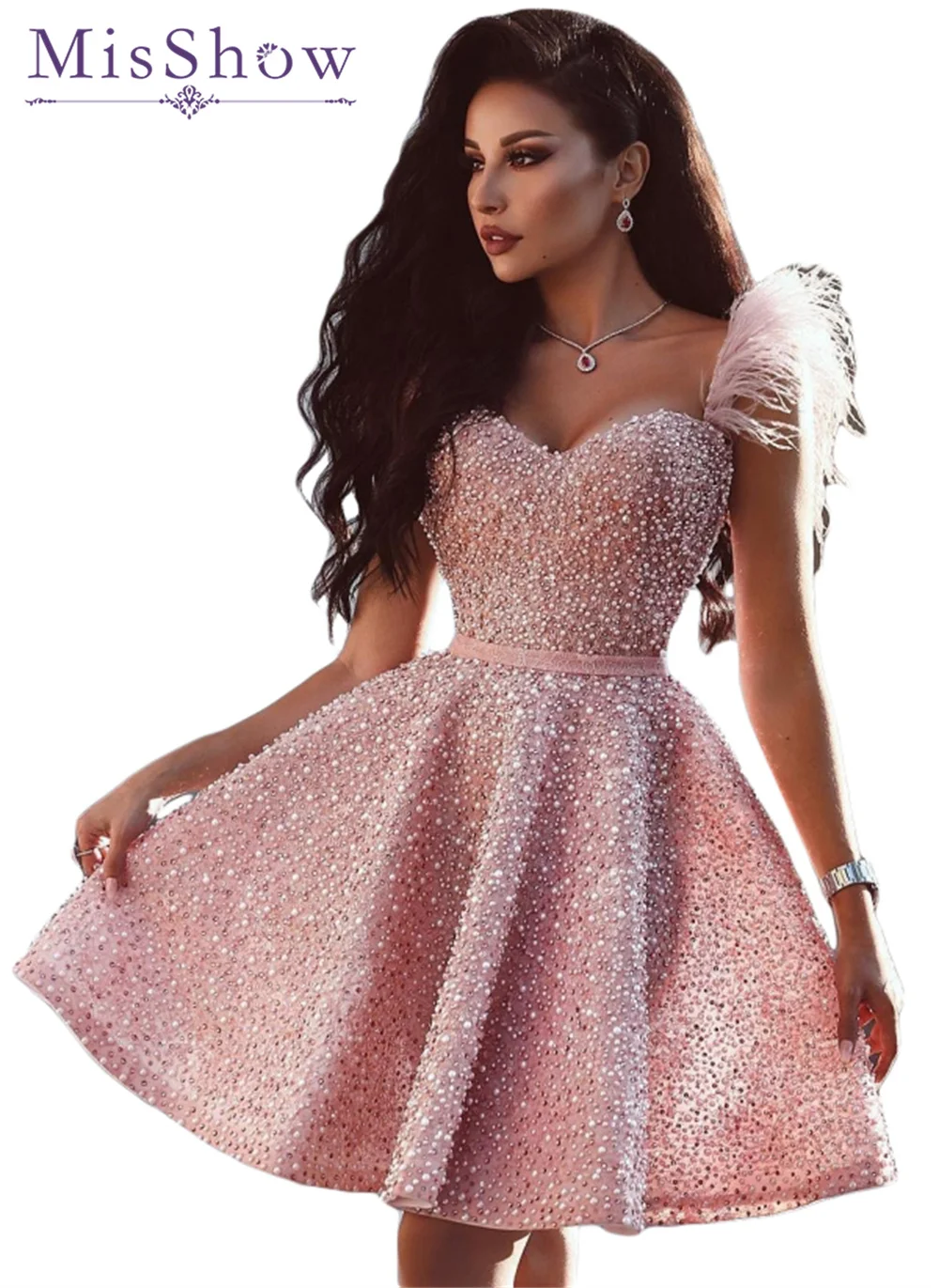 

MisShow 2022 Mini Sexy Sweetheart Dress for Women Aline Embroidered Beaded Glitter Dresses Feather Straps for Club Party Show