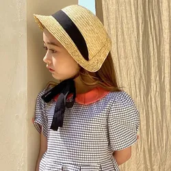 2024 Cute Vintage Children Baby Girls Straw Plaited Hat Lace Up Beach Holiday Outdoor Summer Sun Block Hat Cap for Kids Sunhats