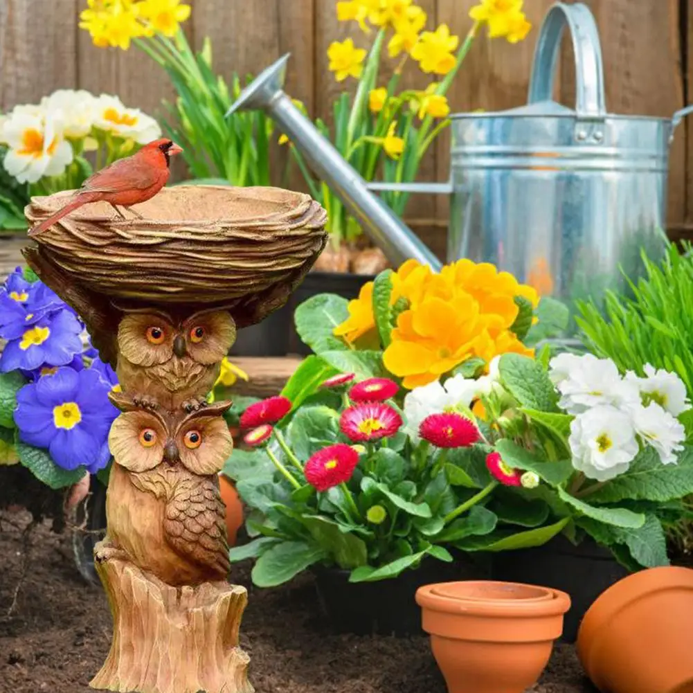 Coruja De resina y pájaros, baño De pájaros, jardín, patio, adorno De césped, comedero De pájaros, decoración De jardín, Fuente De Agua al aire libre, Solaire