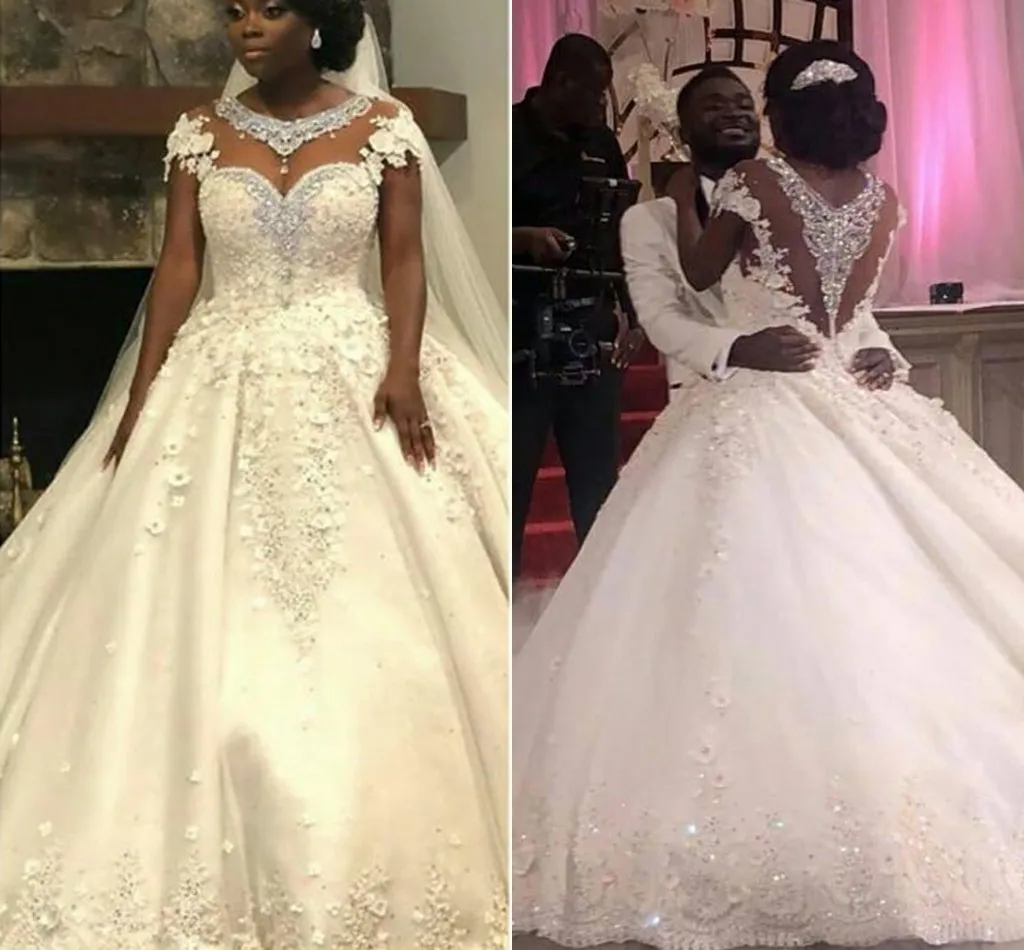 Vestido de novia árabe con flores 3D de cuello transparente, de lujo, encaje africano con cuentas y cristales, boda personalizada, 2021