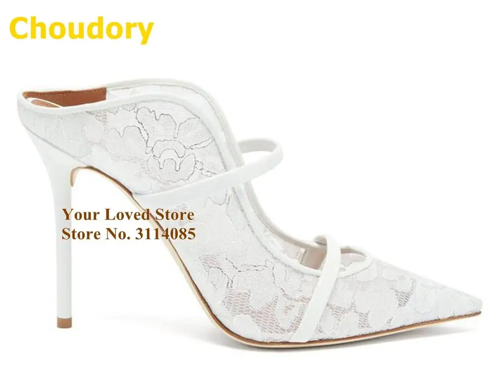 Ladies Newest White Lace Flowers Wedding Shoes Pointed Toe Stiletto Heels Strap Slippers Mesh Floral Summer Sandals Pumps Size45