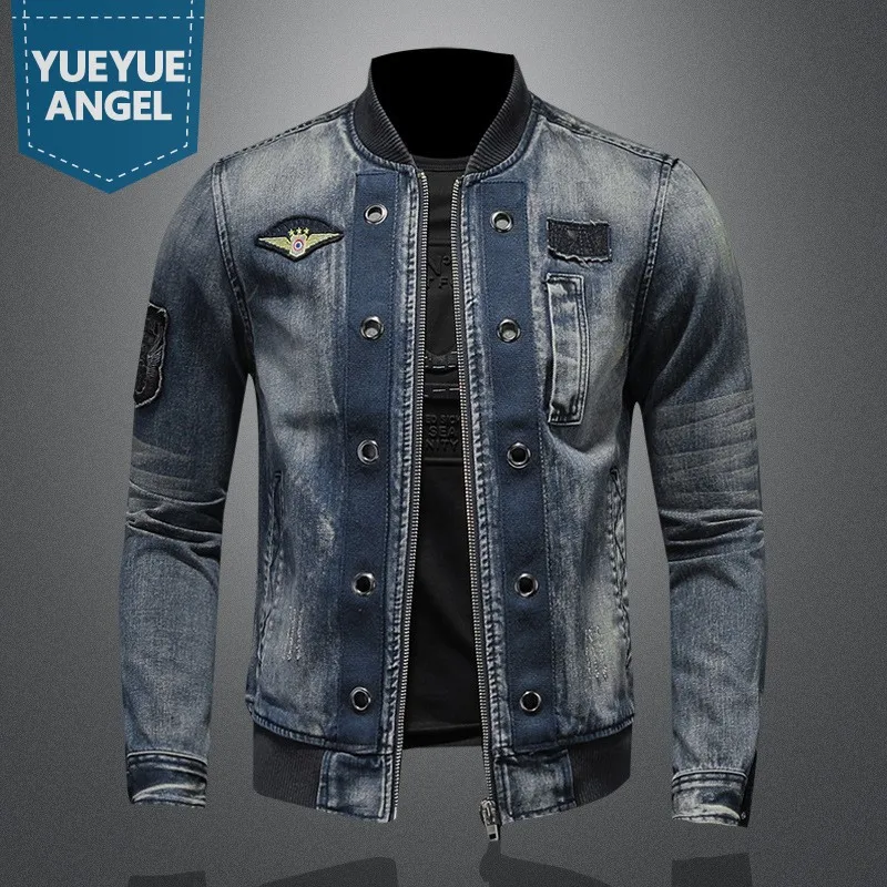 

Men Vintage Stand Collar Pilot Coat Denim Bomber Jacket Plus Size 5XL Slim Fit Zipper Jean Outerwear Fashion Mens Biker Jackets