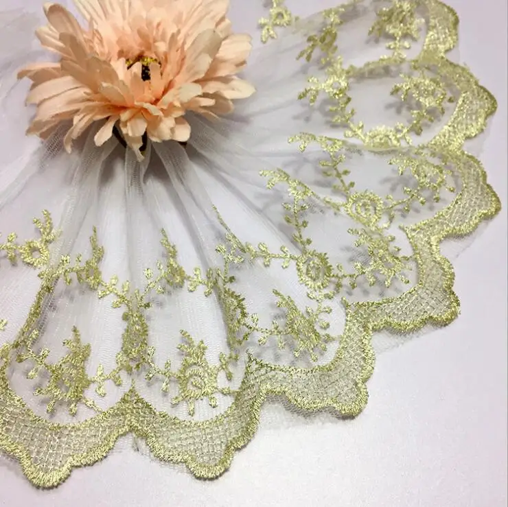 1 Yard/2 Yards Hot Sale Light Gold Mesh Lace Trim Embroidery Lace Fabric for Wedding Dresses Garment DIY Accessories 14.5cm