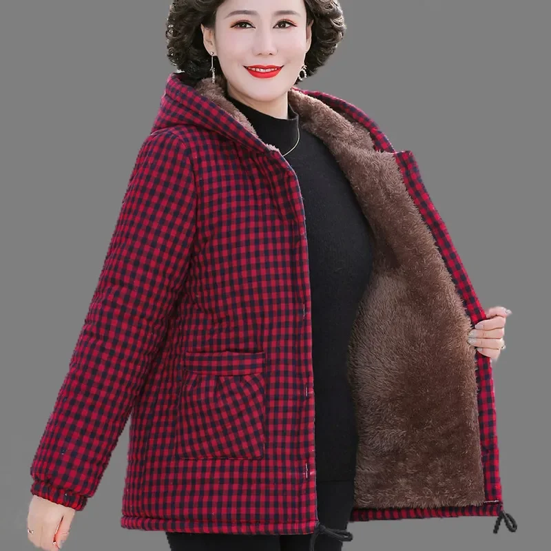 Casacos femininos de meia-idade idosos inverno novo estilo curto mais veludo algodão acolchoado parkas casaco com capuz outwear feminino