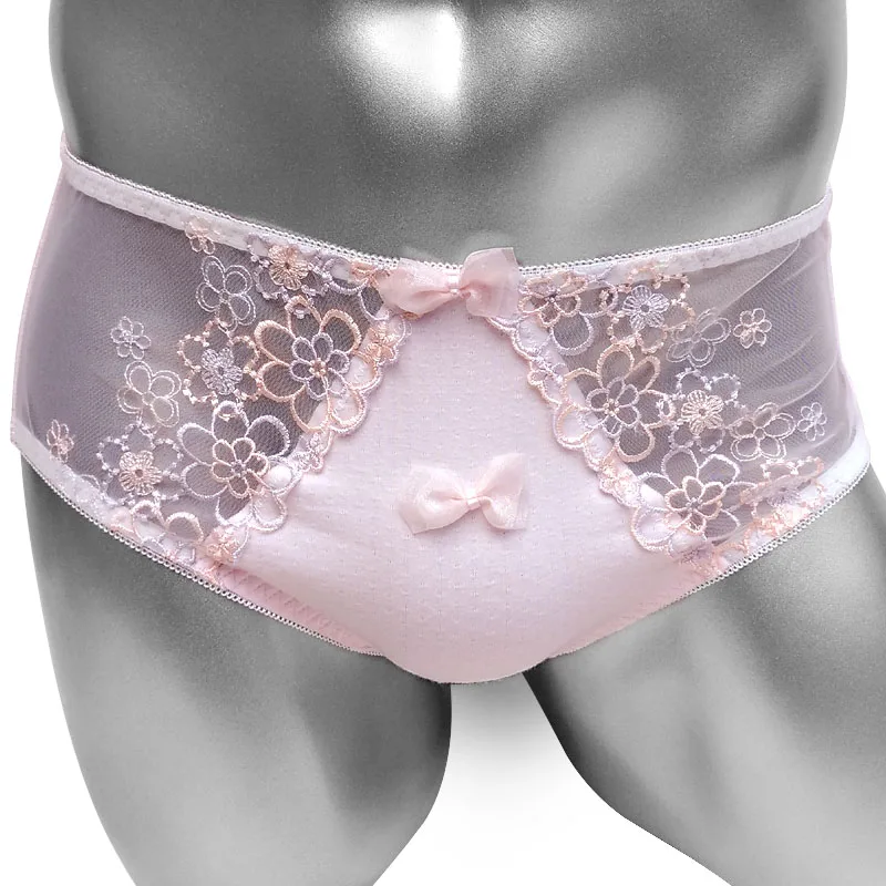 Cotton Sissy Briefs Panties With Floral Mesh Patchwork Bow Cute Lolita Men Underwear Fashion High Quality Underpant