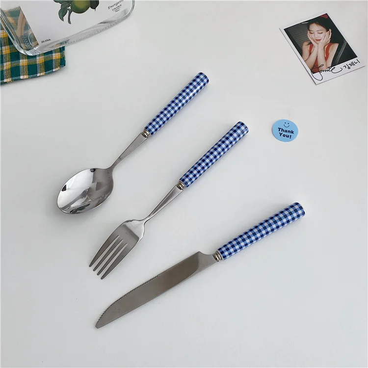 Tableware Dessert Steak Plaid Stainless Steel Ceramic Glossy Blue Red Checked Ceramic Handle Knife Fork Spoon Kitchen Dinnerware